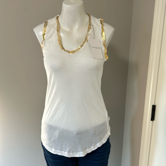 Zadig and Voltaire Shirt Tam Gold Tank Top Hand Painted Modal White Sz S NEW - Picture 4 of 14
